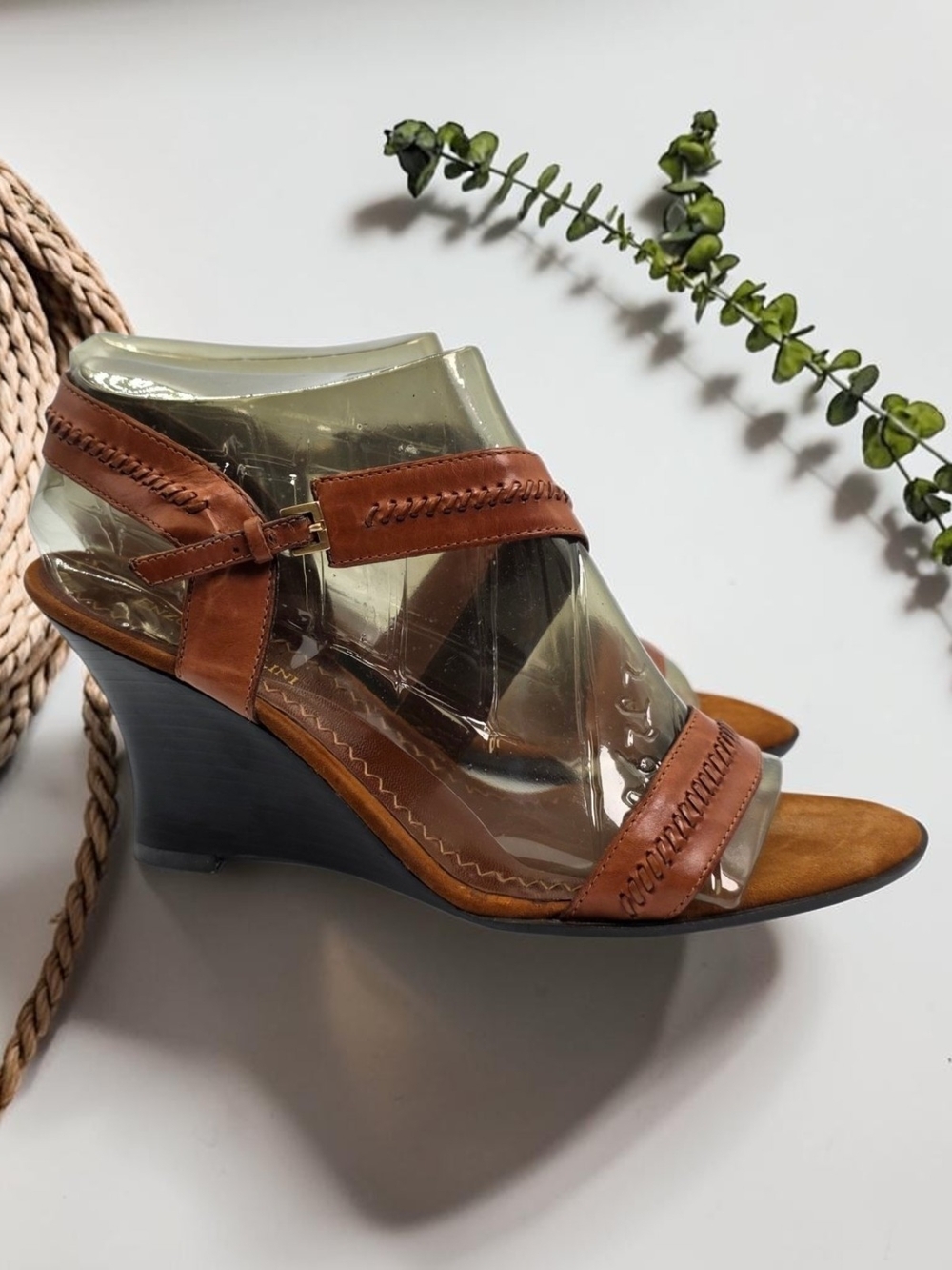 Enzo Angiolini Brown Leather Strappy Wedge Sandals Buckle Ankle Size 8.5M